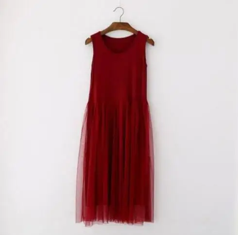 Wine red vest Новое летнее платье Для женщин без рукавов Свободные праздничное платье Элегантное кружевное танк ремень Лоскутная сетки Большие размеры Платья Vestidos - Цвет: Wine red vest