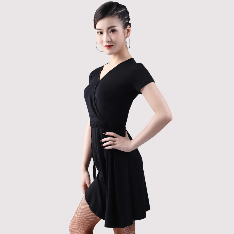 Short sleeve Платье для латинских танцев, женское черное платье для ча-румбы, самбы, сальсы, танго, платья для занятий танцами, женская одежда DNV11644 - Цвет: Short sleeve