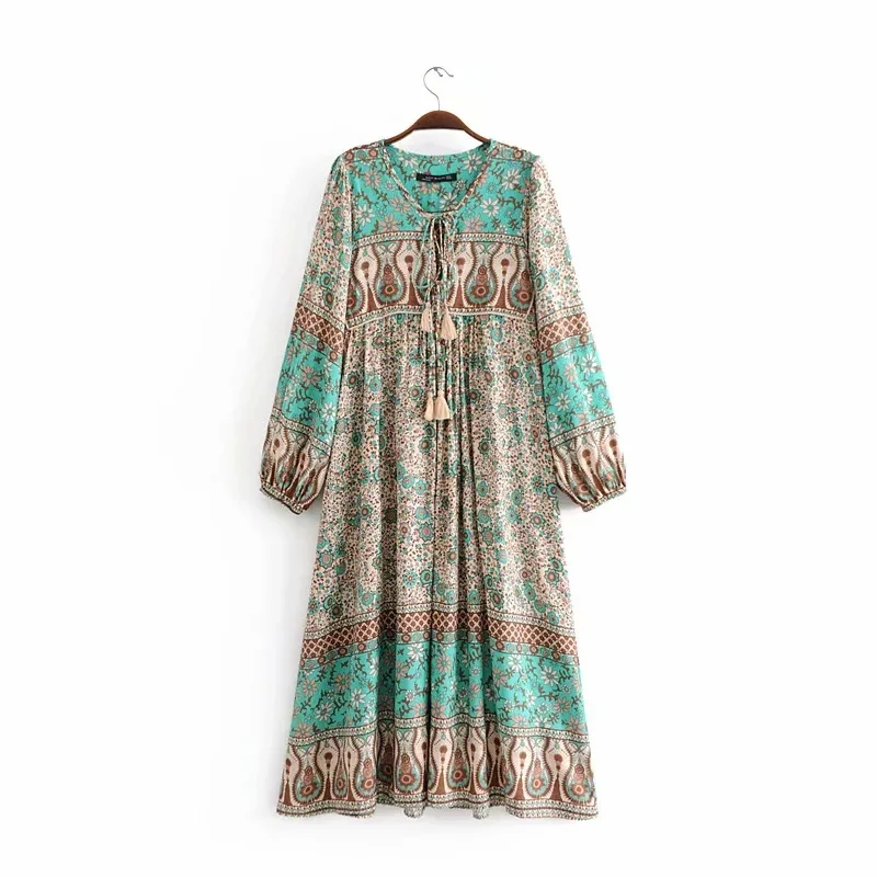 Женское платье с кисточками Boho винтажное пляжное длинным рукавом и треугольным