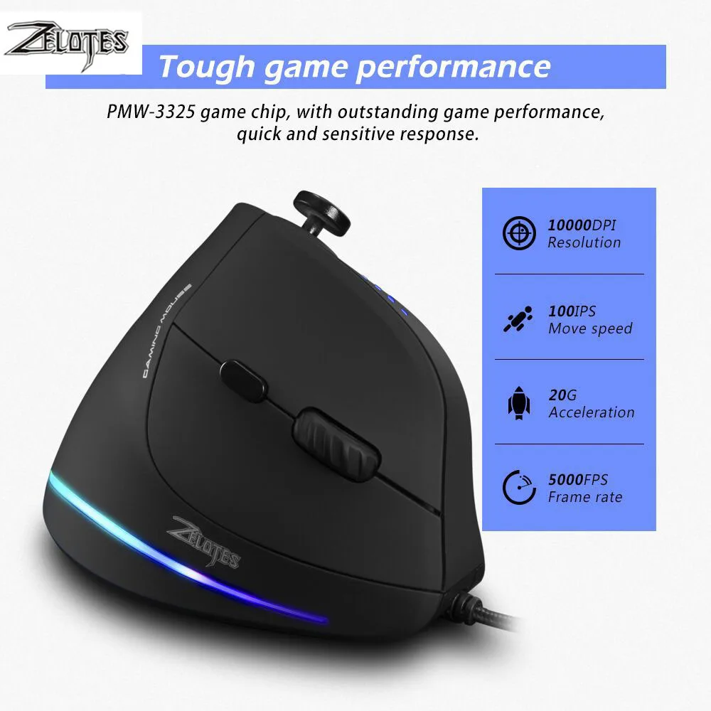Вертикальная Проводная оптическая игровая мышь ZELOTES USB 10000 DPI 12 программируемых