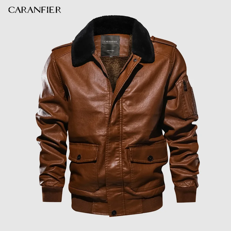 CARANFIER мужские кожаные куртки зимние плюс бархатные ВИНТАЖНЫЕ пальто Твердые стоячий воротник мотоциклетная молния карманы Верхняя одежда