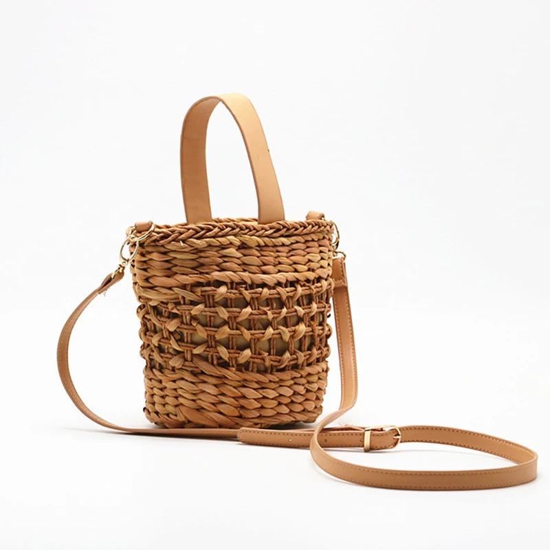 Женская летняя черная соломенная сумка ручной работы, сумка-ведро с одной ручкой из искусственной кожи, Женская тканая сумка через плечо из ротанга, женская сумка