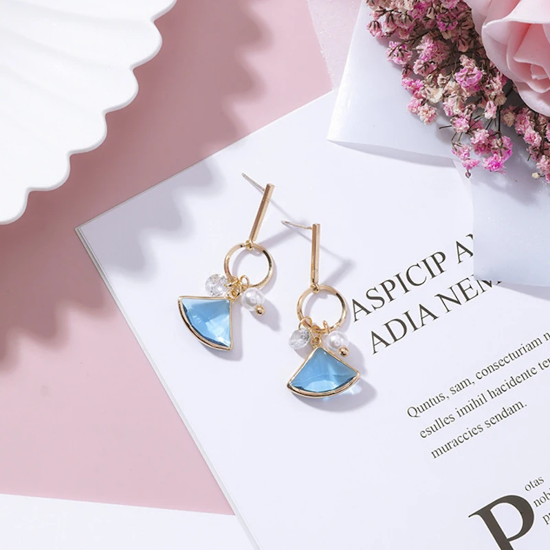 2018 New Korean Temperament Blue Fan Crystal Simulated Pearl Drop Pendientes Mujer Moda Long Earrings For Women Fashion Jewelry | Украшения