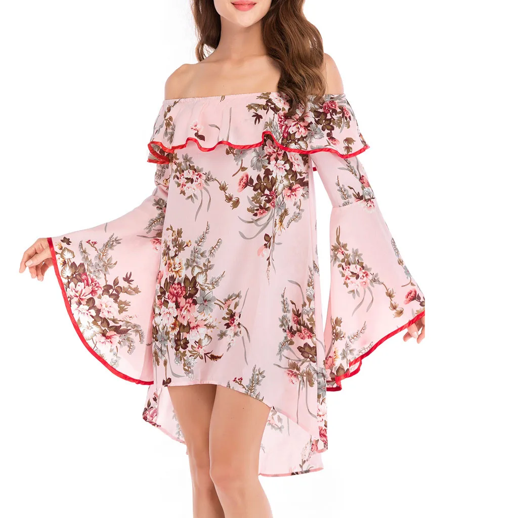 Модные женские повседневные платья с цветочным принтом и расклешенными рукавами