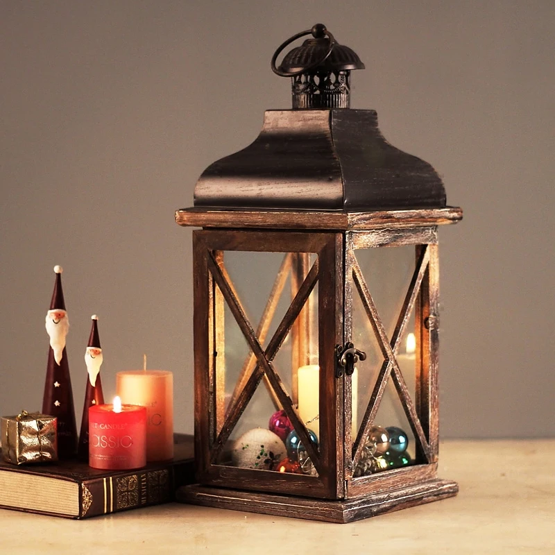 S Retro Wood Hurricane Lamp Lantern Wedding Hanging Candlestick Christmas Decoration Accessories
