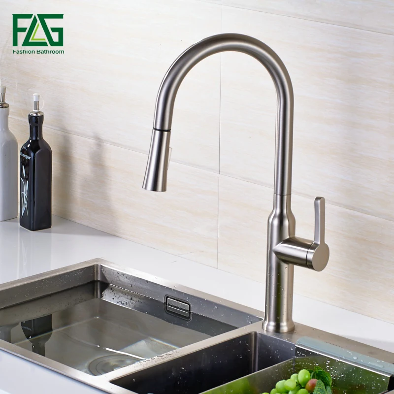 

FLG Pull Out Kitchen Faucet Polished Nickel Finish All Around Rotate Swivel 2-Function Water Outlet Deck Mounted Sink Taps C046N