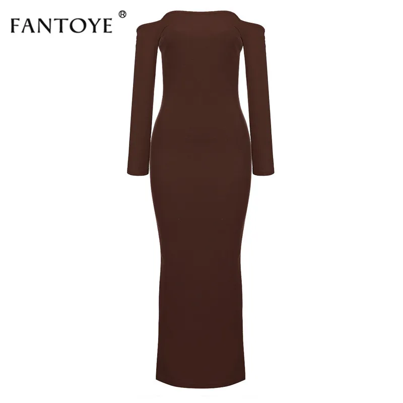 Fantoye сексуальное с открытой спиной ребро Длинное Платье Женское Vestidos с открытыми плечами платье макси с длинным рукавом Рождественская вечеринка без бретелек облегающее платье
