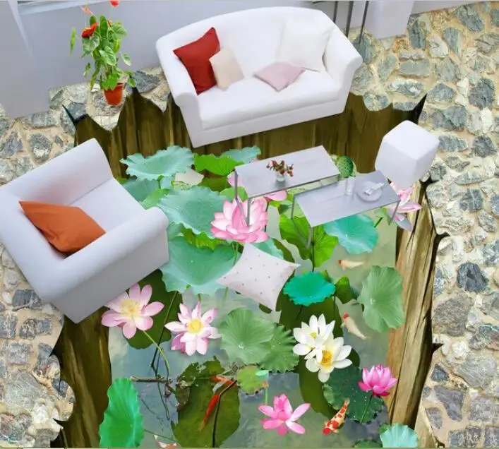 

3 d pvc flooring custom waterproof self adhesion 3 d lotus lotus pond floor 3 d bathroom flooring photo wallpaper for walls 3d