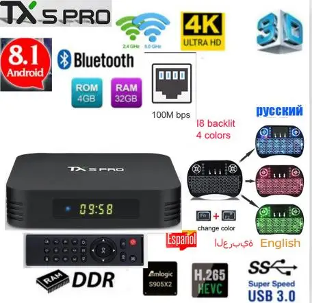 TX5 max PRO DDR3, 4 Гб ОЗУ, 32 Гб ПЗУ, 2,4 ГБ, 5 ГБ, WiFi, 100 м, LAN, Bluetooth, Android 8,1, ТВ-приставка Amlogic S905X2, четырехъядерный, 4 K, смарт-бокс