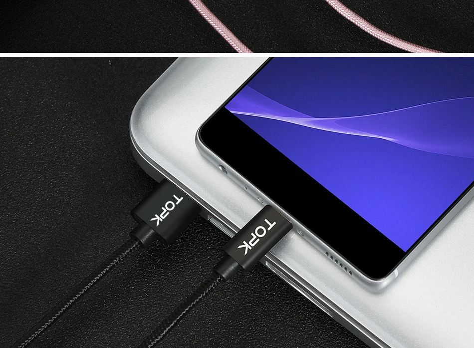 TOPK usb type-C кабель, Мягкий Нейлоновый плетеный кабель для синхронизации данных, зарядный кабель type-C для samsung Galaxy S9 huawei P20 lite USB C