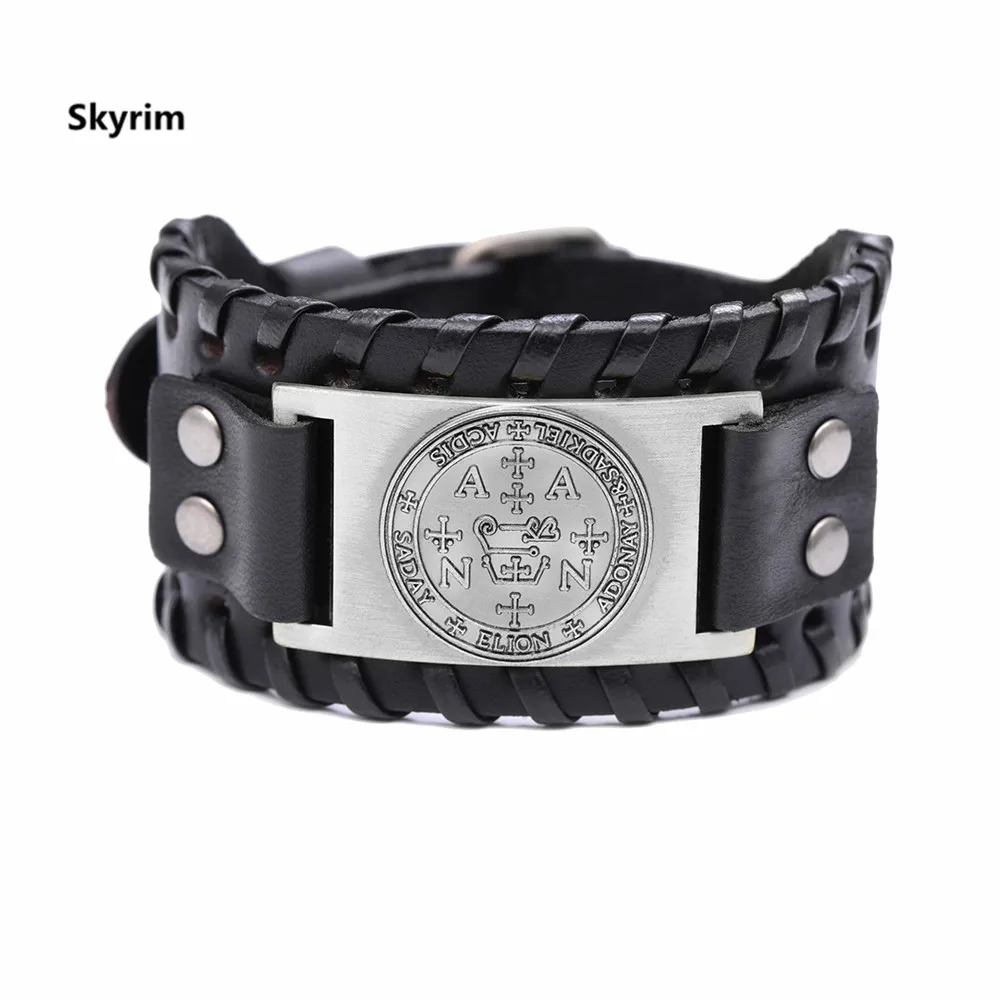 Skyrim ювелирные изделия wicca Viking Плетеный настоящий широкий кожаный браслет Archangel Gabriel Talisman Амулет браслет «Ангелы» для мужчин - Окраска металла: black-Sliver