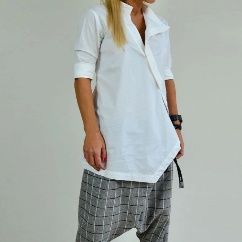 Off White Cellumia размера плюс, женские рубашки, Винтажные льняные блузки с длинным рукавом, на пуговицах, асимметричные женские топы, одноцветные, свободные, Blusas Feminina - Цвет: Off White