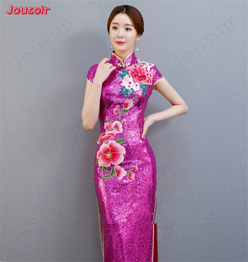 2018 Блестки Кружева Длинные изменение cheongsam производительности Подиум костюм