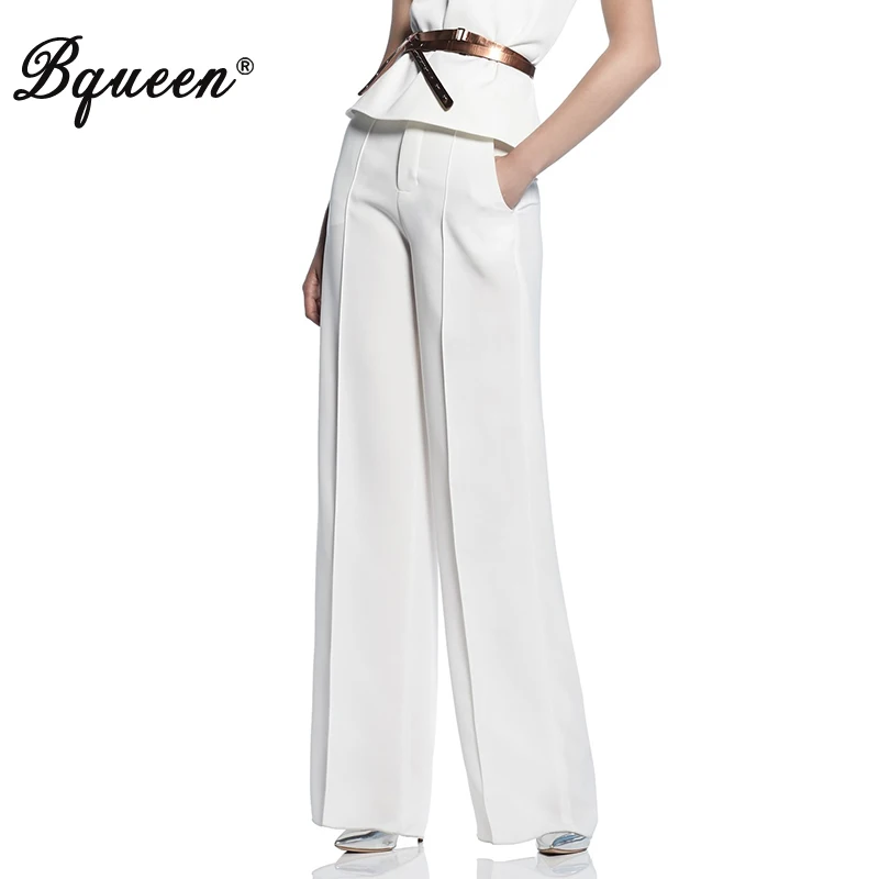 

Bqueen 2019 New Women Office Lady Work Long White Pants With Pockets High Waist Straight Full Length Fashion Pants