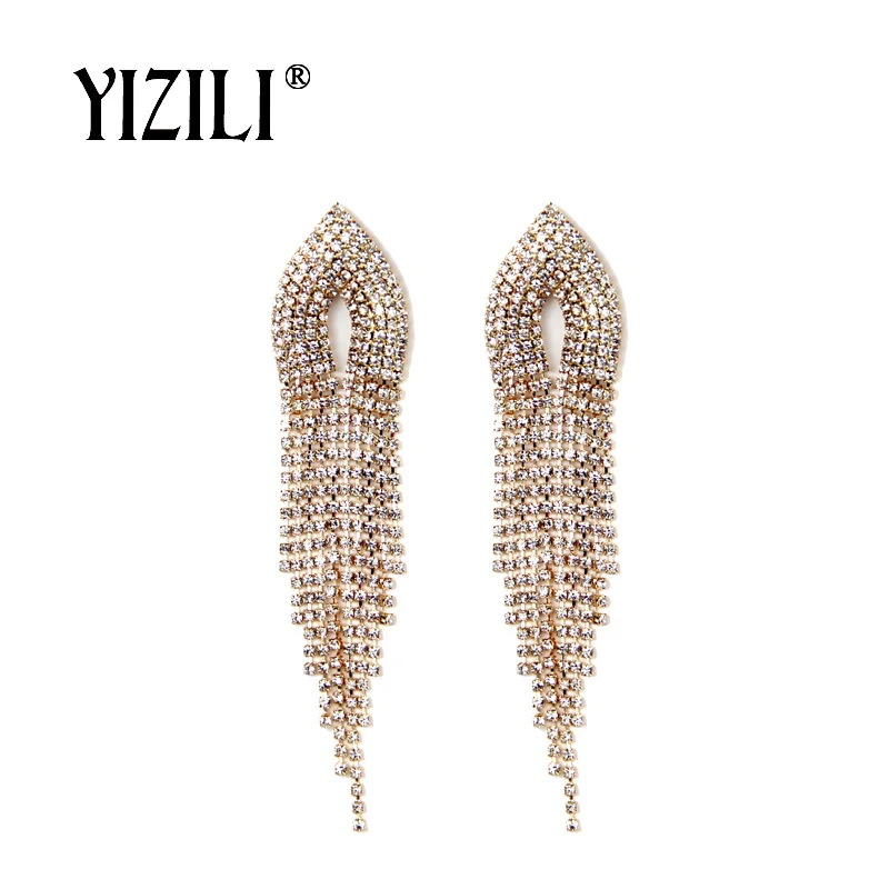Золотой цвет YIZILI, серебряные/Золотые длинные серьги с кисточками для женщин, стразы, висячие серьги, вечерние, для шоу, свадьбы, выпускного, ювелирное изделие, хит, E046 - Окраска металла: Золотой цвет