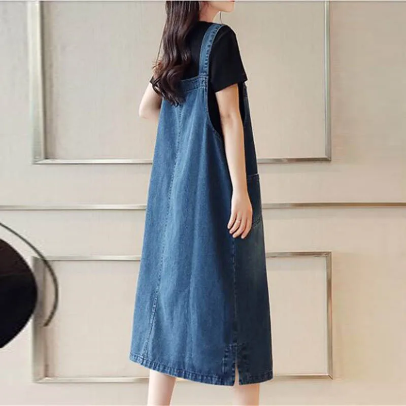 Платье из джинсовой ткани весенне-летнее платье большого размера + подтяжки