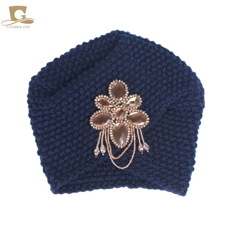 navy blue Модный женский металлический аксессуар с камнями, зимний теплый цветочный тюрбан, Мягкая вязаная повязка на голову, вязаная шапка, женская шапка - Цвет: navy blue
