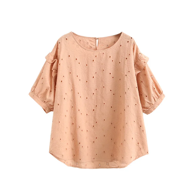 Women Embroidery Shirt Blouse O Neck Short Sleeve Solid Cotton Japan Style White Blue Womens Tops And Blouses S29522 |