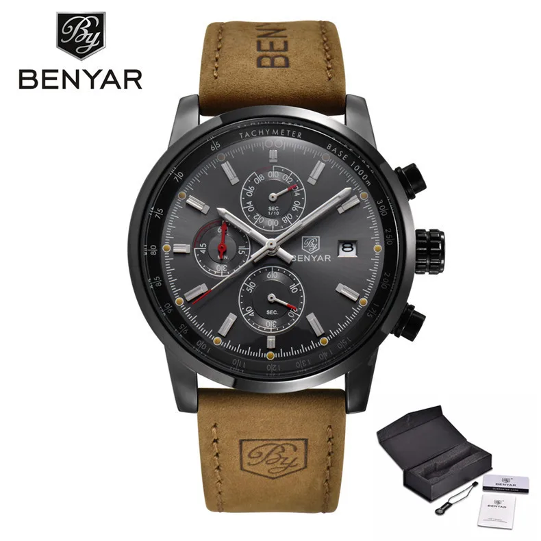 black gray B BENYAR хронограф спортивные мужские часы лучший бренд класса люкс кварцевые часы все указатели работы водонепроницаемые Бизнес часы BY-5102M - Цвет: black gray B