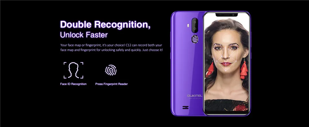 Oukitel C12, 2 ГБ, 16 ГБ, смартфон с функцией распознавания лица, Android 8,1, MTK6580, четыре ядра, 6,18 дюймов, 19:9, 8 Мп, 5 МП, 3300 мАч, OTA, отпечаток пальца, сотовый телефон