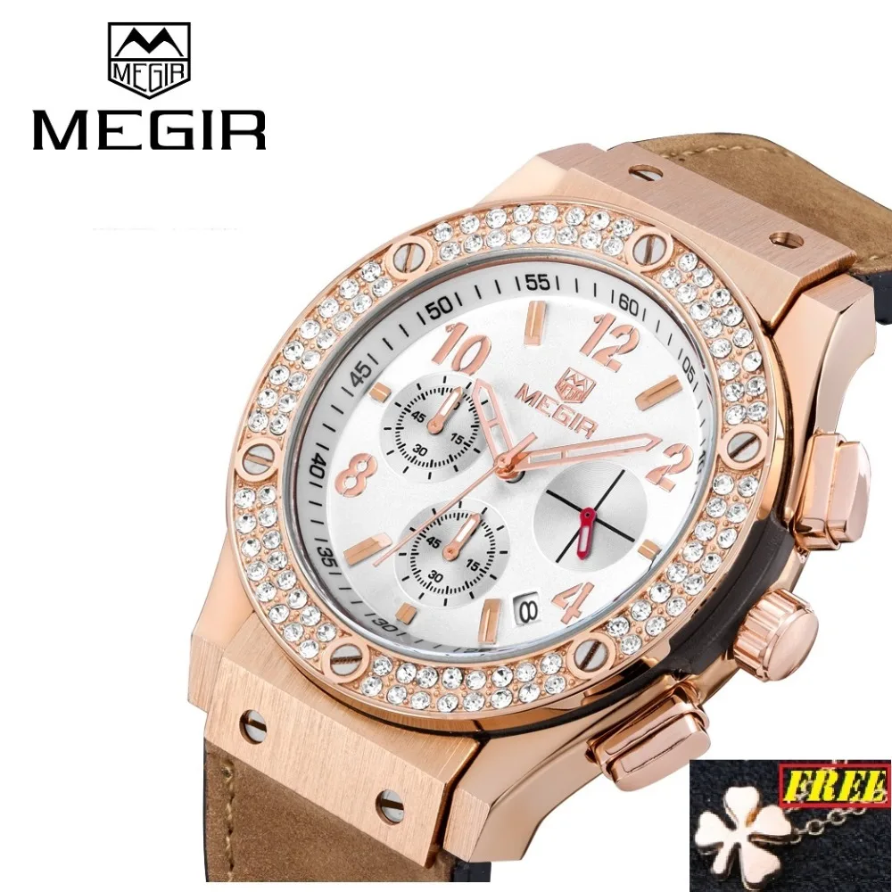Женские кварцевые часы Megir роскошные брендовые дизайнерские с золотым кожаным