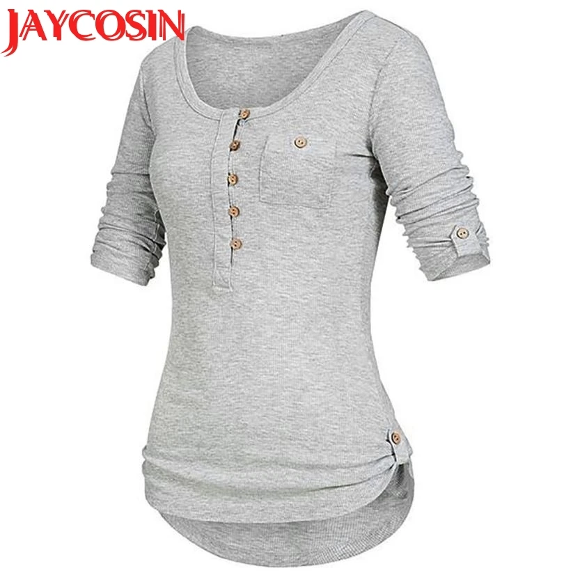 Женская футболка с карманами однотонный пуловер на пуговицах длинным рукавом