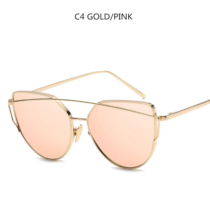 Gold Pink Зеркальные солнцезащитные очки Cateye, женские винтажные металлические отражающие очки, брендовые дизайнерские солнцезащитные очки Lunette De Soleil Femme UV400 - Цвет линз: Gold Pink