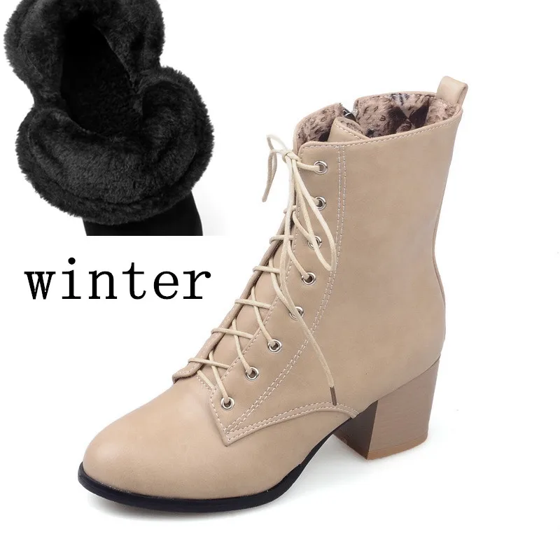 beige winter RYVBA/; женские ботильоны; женские ботинки на квадратном каблуке; сезон осень-зима; Женская рабочая обувь с перекрестной шнуровкой и круглым носком; большие размеры - Цвет: beige winter