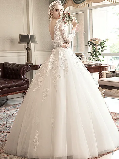 white no tail Fansmile, новинка, Vestidos de Novia, винтажное бальное платье, Тюлевое свадебное платье,, Качественное кружевное свадебное платье принцессы, FSM-020F/T - Цвет: white no tail