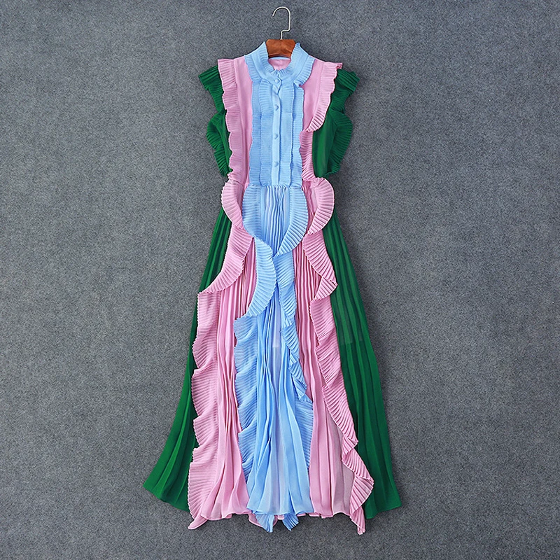 RG богемный Цвет блока Макси-платье Для женщин рябить украшения плиссированные