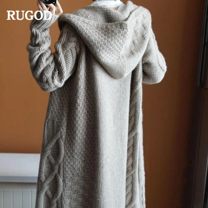 Женский длинный кардиган RUGOD повседневный однотонный вязаный свитер с капюшоном