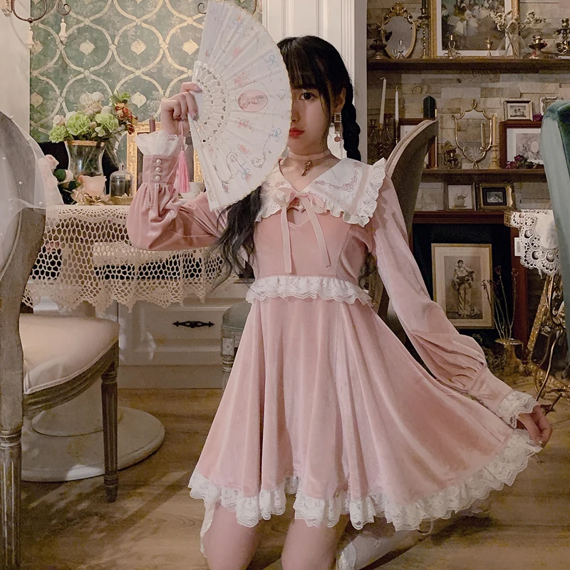Princess sweet lolita dress Bobon21 French Girl Loving Hollow-out Antique Embroidery Lace Velvet Dress lovely women D1738