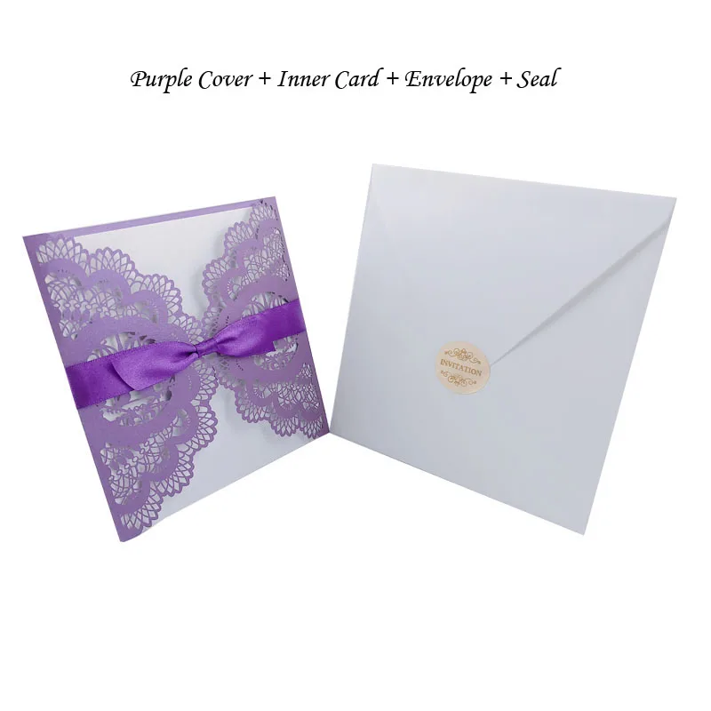 Fifty Sets Purple 50 шт. Lover Birds лазерная резка свадебные пригласительные открытки поздравительные открытки персонализированные пользовательские с лентой печати для конвертов вечерние принадлежности - Цвет: Fifty Sets Purple
