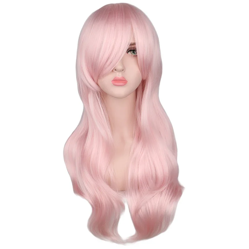 

QQXCAIW Long Curly Wig Women Cosplay Light Pink Heat Resistant Synthetic Hair Wigs