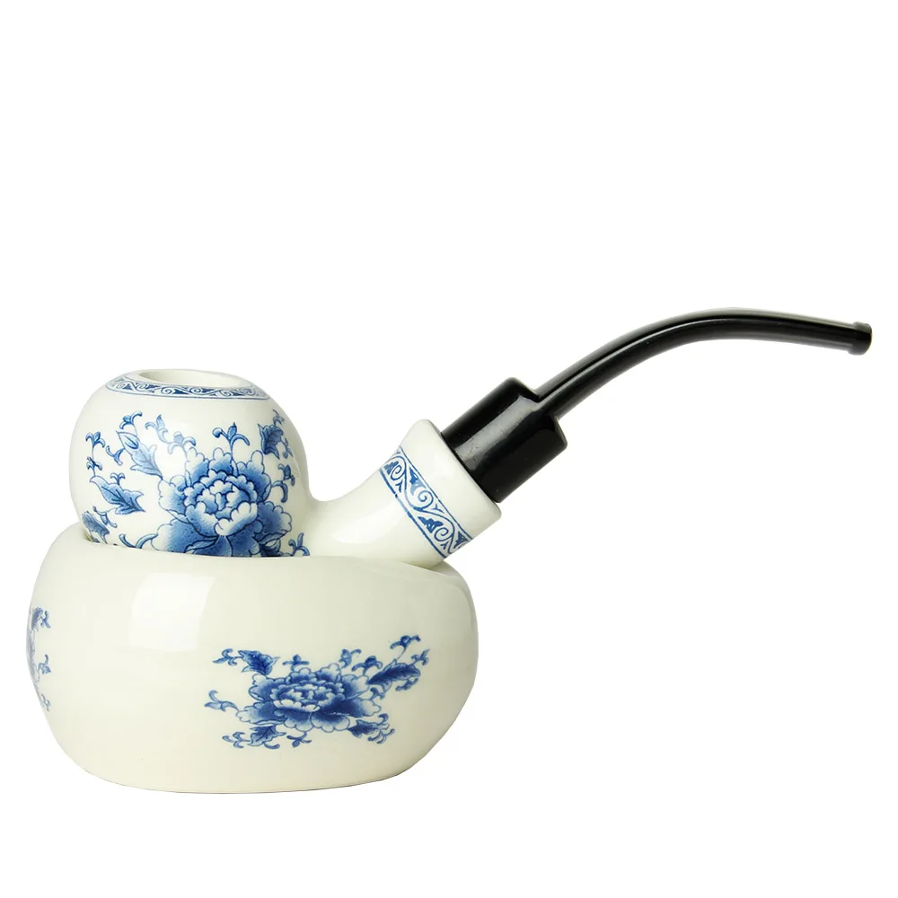 

RU- Hot Original Durable Manual Blue and White Porcelain Ceramic Pipe Set Bent Stem Clay Cigarettes Pipe with Rack Stand ak0003