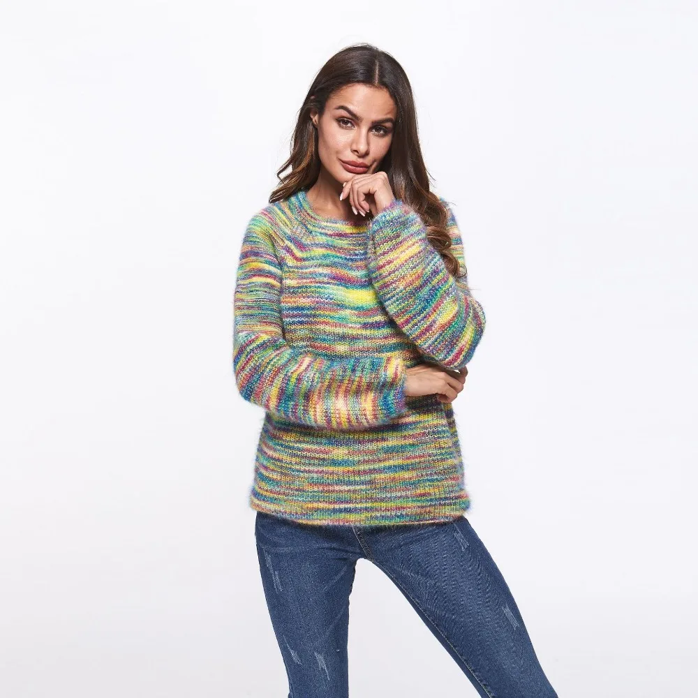 Casual Women Mohair Knitted Top Soft Warm Autumn Colorful Pullovers O-Neck Winter Sweater | Женская одежда