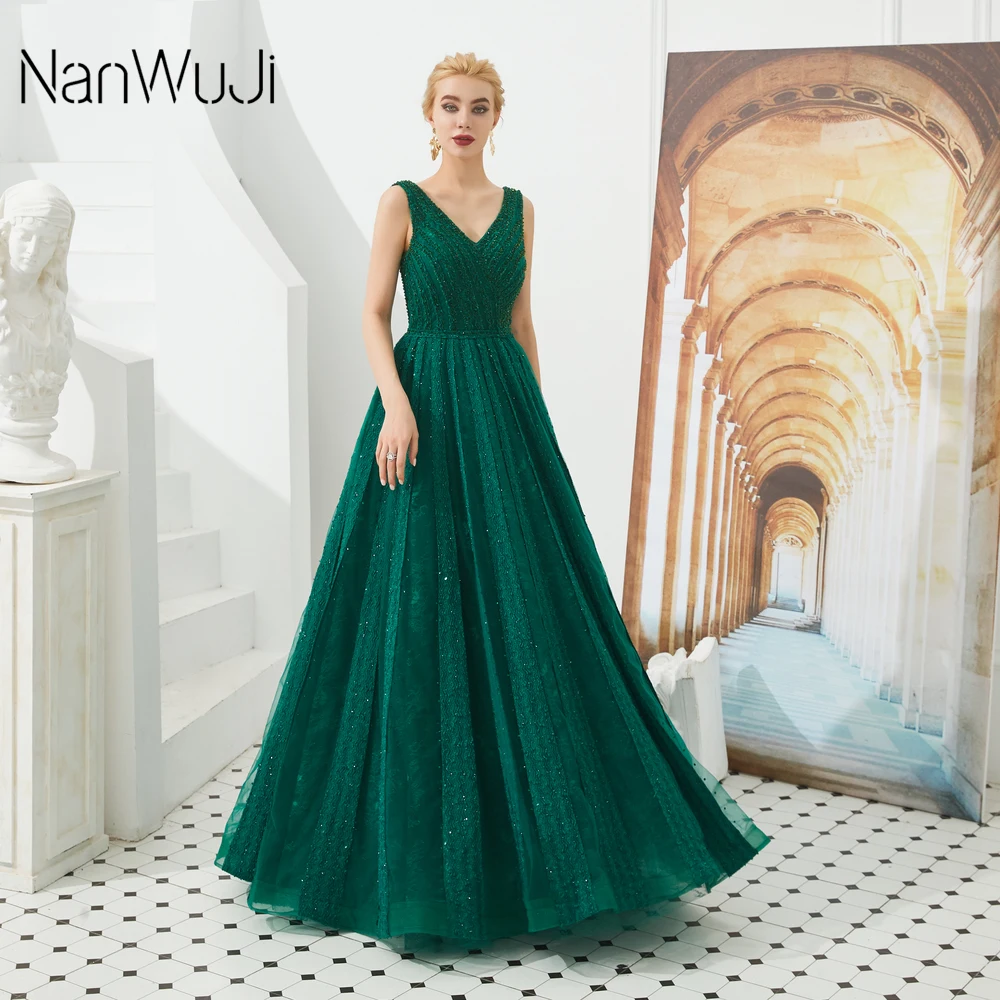 

Hunter Green Evening Dresses 2019 Elegant V-neck Sleeveless Sexy Formal Crystal Beading Party Long Prom Dresses for Woman