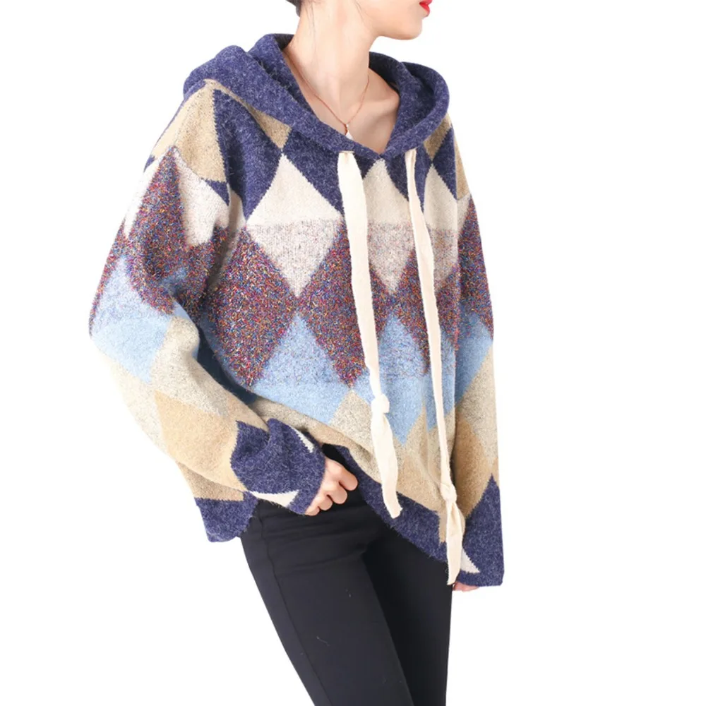 MS- Retro hit color pattern women's hooded pullover sweater autumn winter 2018 mori girl | Женская одежда