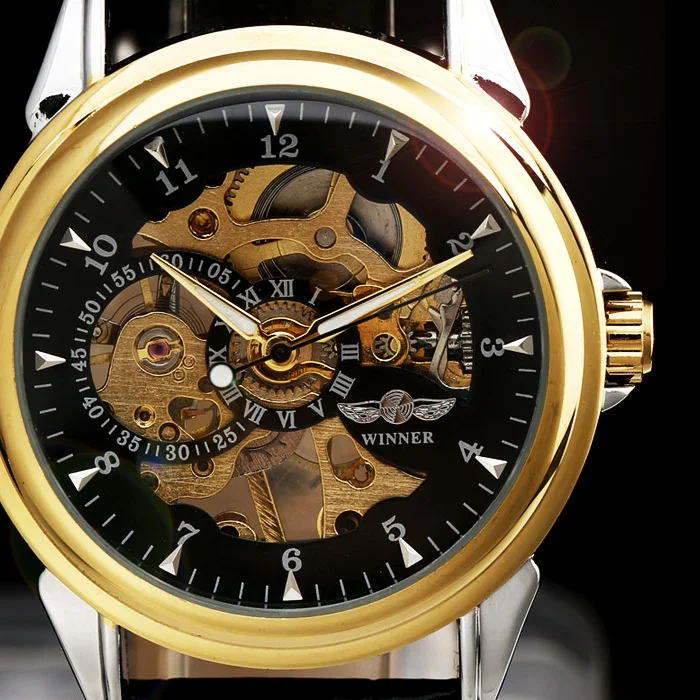 

New WINNER New Fashion Watches Men Luxury Brand Golden Case Carving Skeleton Dial Hand-Wind Mechanical Leather Strap Wristwatch