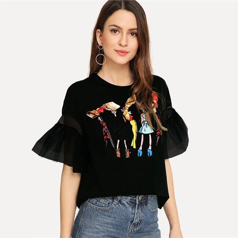 Dotfashion Черная Кружевная футболка с бантом и мультяшным принтом, Женская Осенняя коллекция, модная одежда, повседневные топы с рукавами-воланами, летняя футболка в консервативном стиле