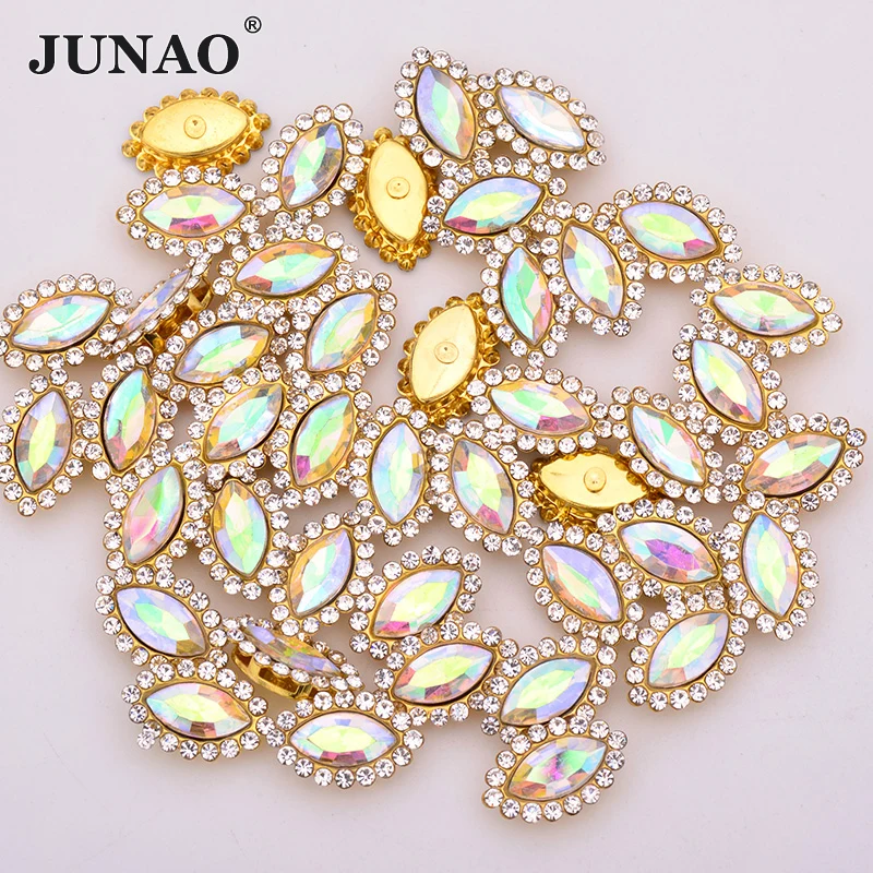 Фото JUNAO, 30 шт., 5*10 мм, для шитья, с кристаллами, AB, конский глаз, со стразами, с золотыми когтями, стеклянные стразы, с кристаллами, для свадьбы, с апп... №1