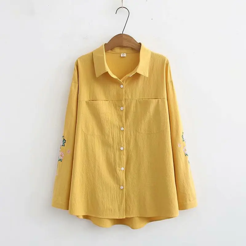 Plus Size Casual Blouses 2019 Autumn Women Fashion Loose Long Sleeve Washable cotton embroidery Shirts S83-061 |
