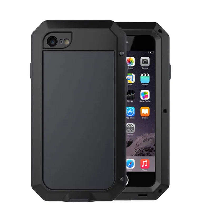 Black Phone Case Роскошный противоударный Doom Броня водонепроницаемый металлический чехол для телефона s для iPhone X XR XS Max 8 7 6 6s Plus 5 5S 5C SE чехол для экрана стеклянная пленка - Цвет: Black Phone Case