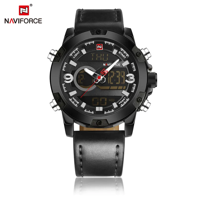 Мужские часы от ведущего бренда Naviforce, роскошные спортивные цифровые военные мужские часы из натуральной кожи, мужские наручные часы с хронографом 9097 - Цвет: NA909703 without box