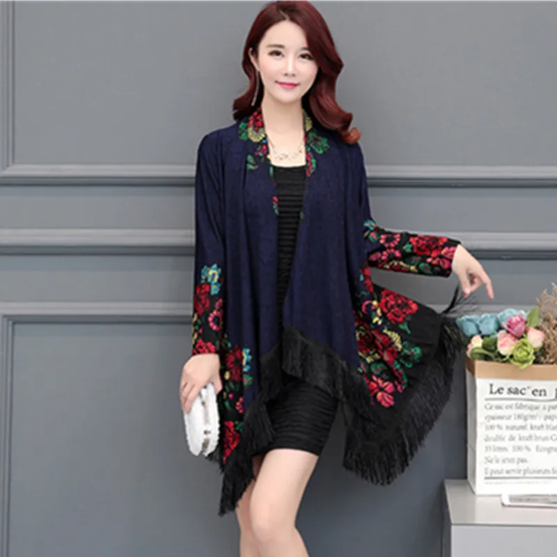 Navy blue tassel UHYTGF Autumn trench coat Womens fashion folk-custom printing Cardigan shawl thin outerwear Long sleeve loose plus size coats 83 - Цвет: Navy blue tassel