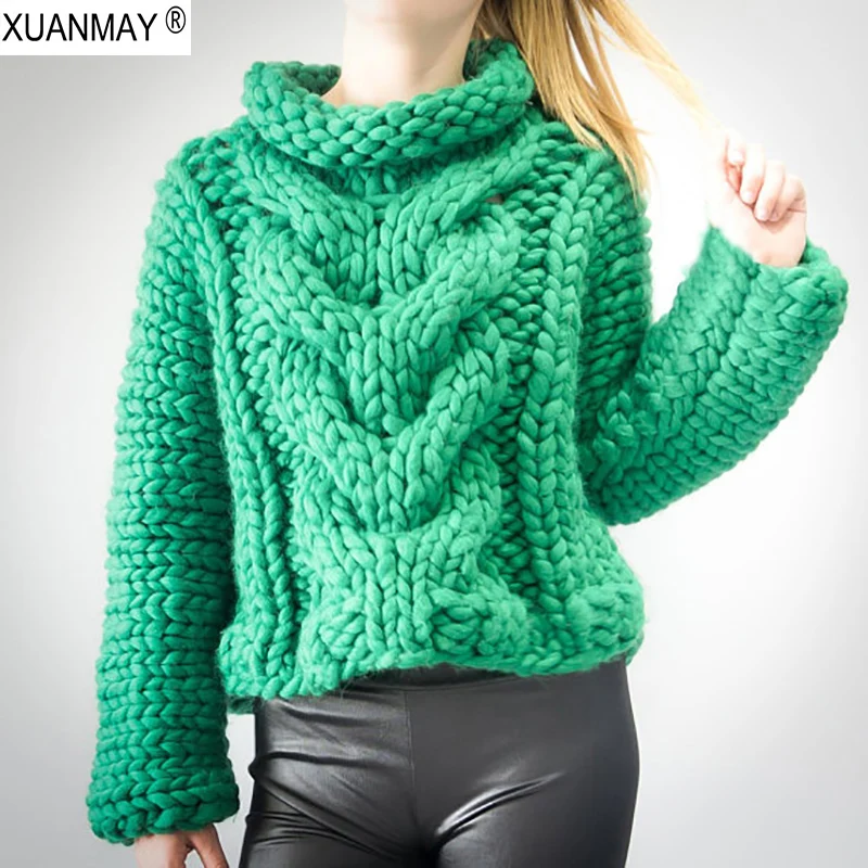 Autumn Women Thick Warm High-necked Long sleeve pullover sweater 2018 Fashion design Pure Hand-made Green Sweater coat | Женская одежда