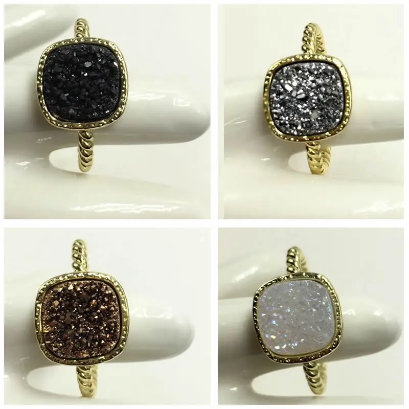 

9mm square Charm Natural Titanium Band Ring Paved Zircon Quartz Stone Rings