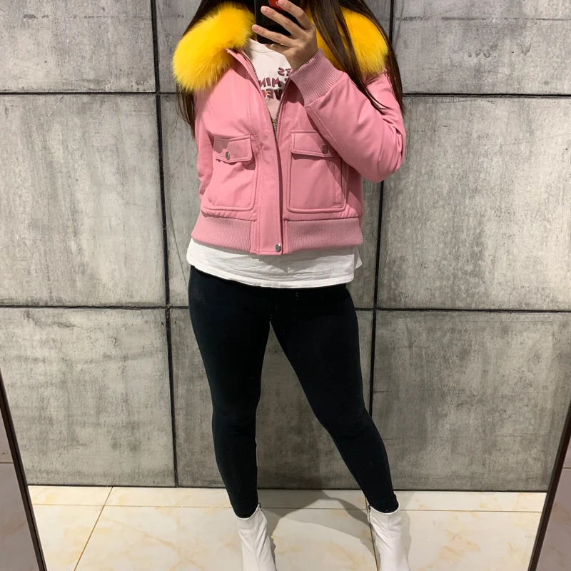 Женская куртка из натуральной кожи модная кожаная с меховым воротником | одежда