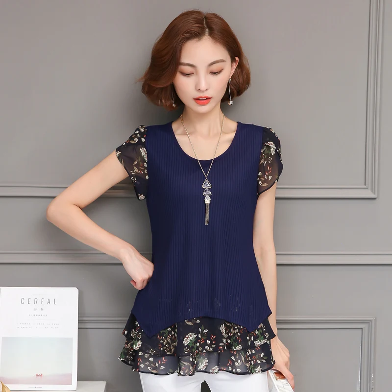 New Summer Women Short Sleeve Blouses Plus Size Korean Fashion O-Neck Chiffon Casual Shirts Print Patchwork Blouse XL-5XL Z20 |