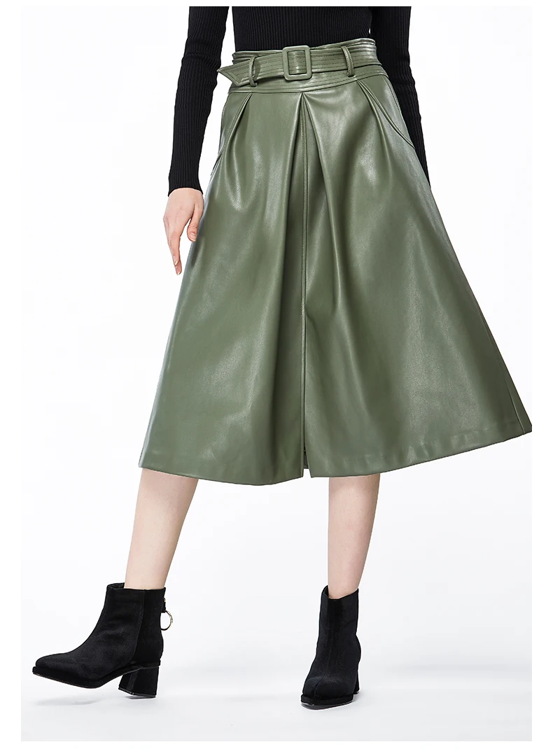 Женская юбка с высокой талией черная из искусственной кожи поясом весна лето 2018